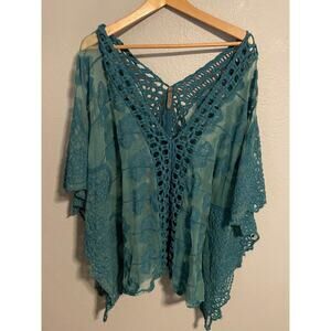 XCVI Poncho Top Womens Medium Blue Lace Crochet Sheer Boho Made USA Festival